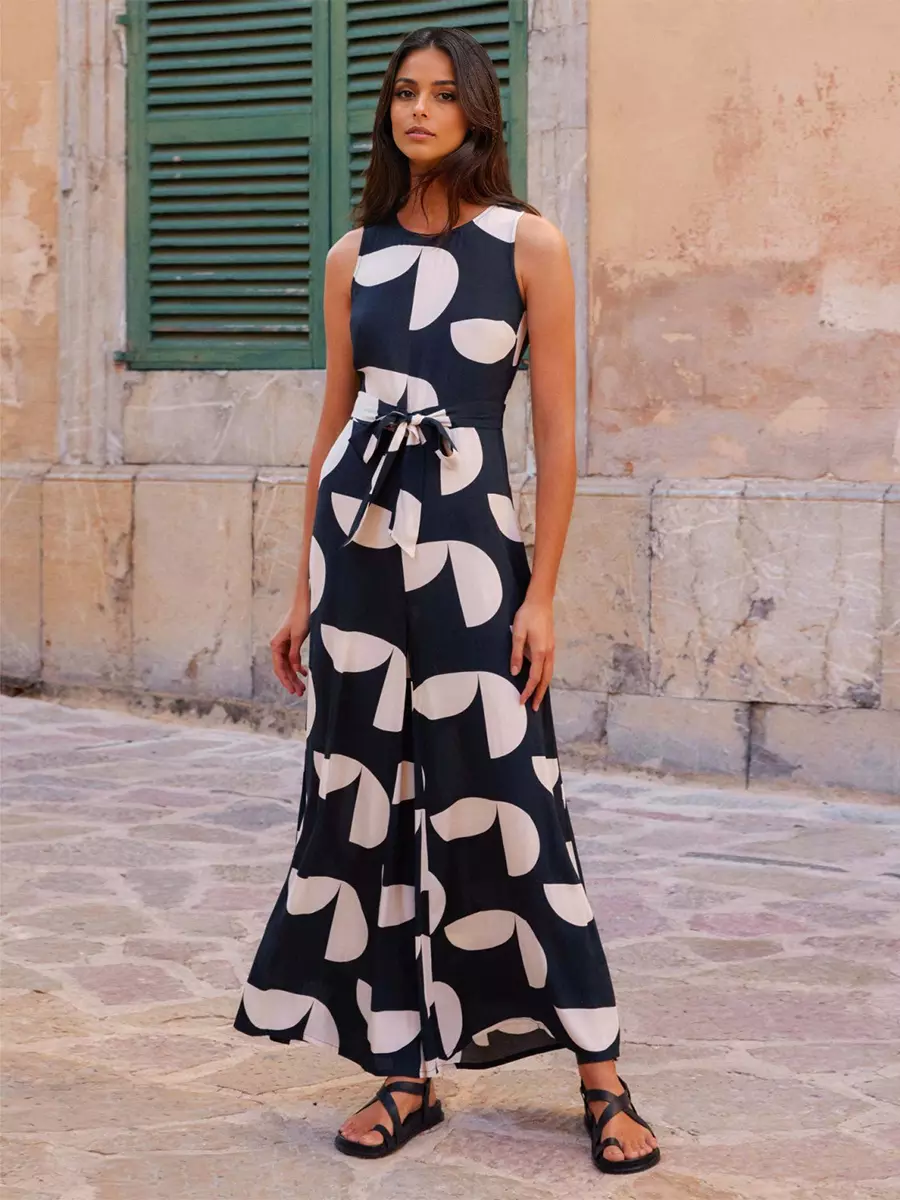 Elegant Jewel Printed Sleeveless High Waist And Belt Jumpsuit