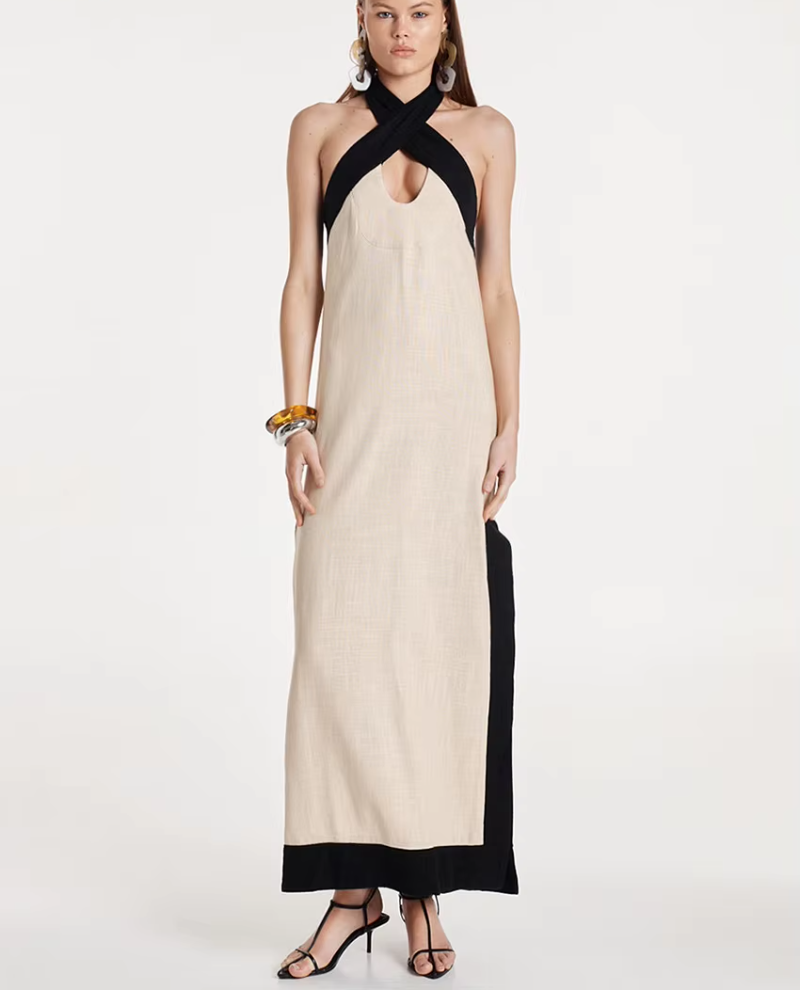 Halter Elegant Backless Sleeveless Loose Cotton Patchwork Maxi Dresses - Image 4