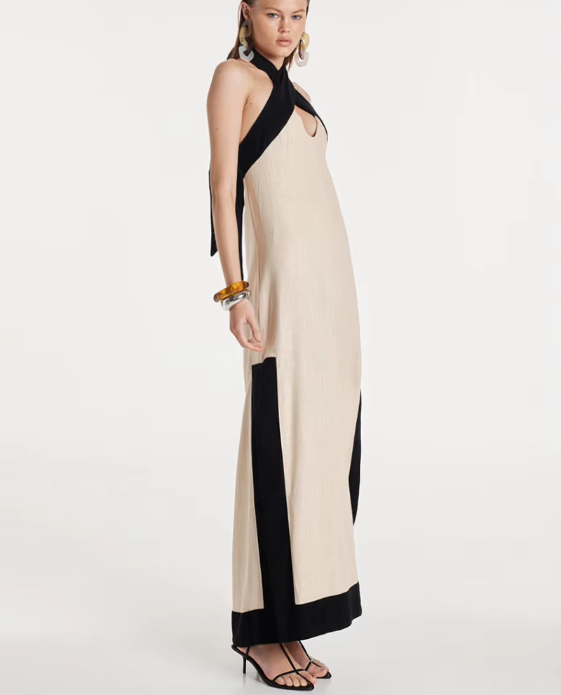 Halter Elegant Backless Sleeveless Loose Cotton Patchwork Maxi Dresses - Image 3