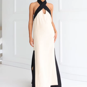 Halter Elegant Backless Sleeveless Loose Cotton Patchwork Maxi Dresses