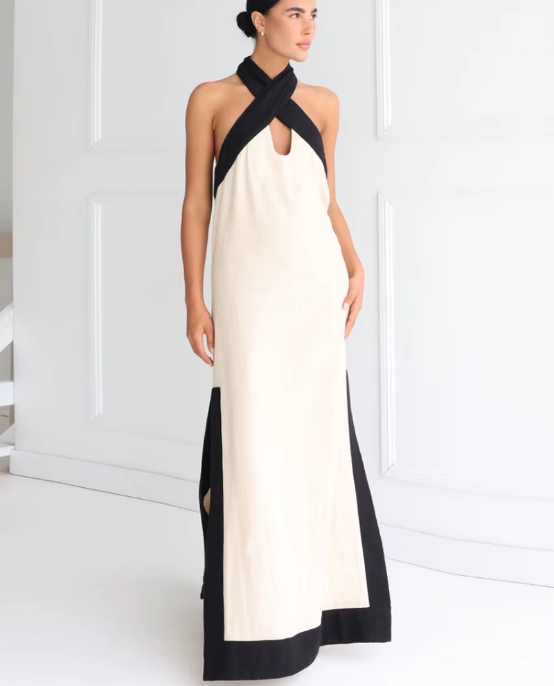 Halter Elegant Backless Sleeveless Loose Cotton Patchwork Maxi Dresses