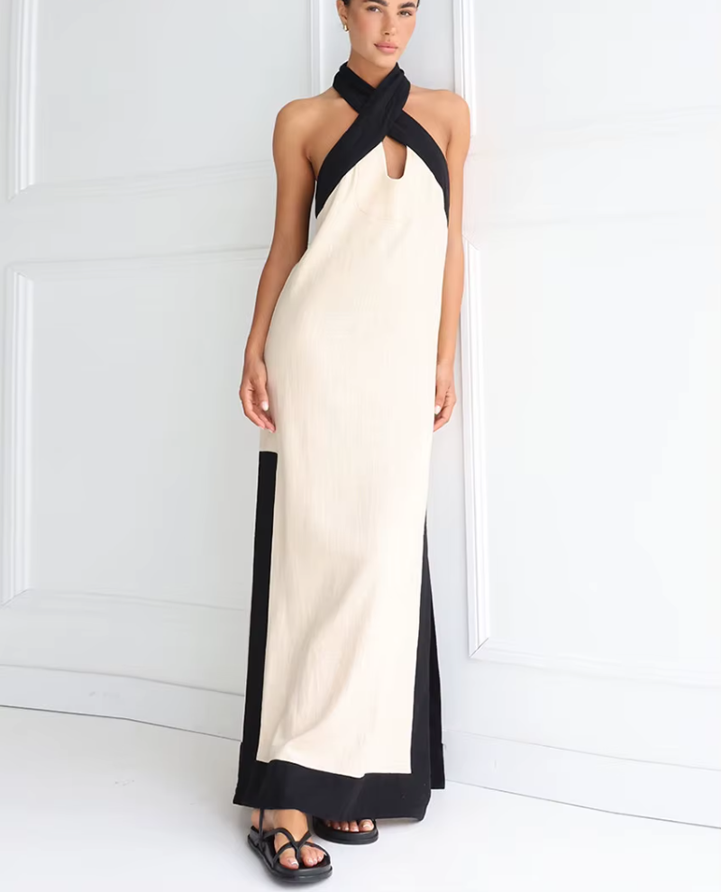 Halter Elegant Backless Sleeveless Loose Cotton Patchwork Maxi Dresses - Image 2