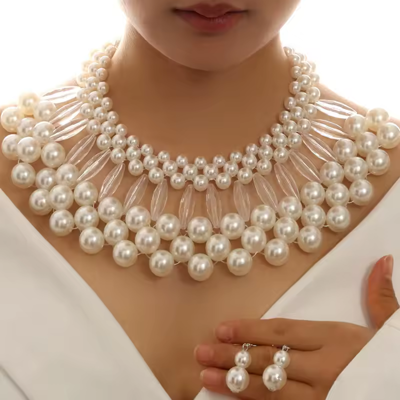 Handmade Collar Simulated Pearl Beads Statement Necklace Earrings Sets