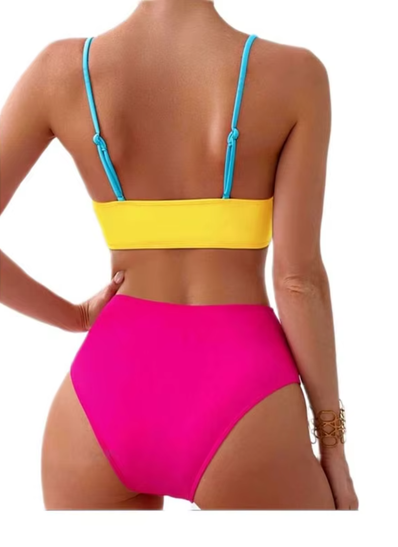 High Waist Bikini Cross Backless Swimsuit Patchwork Tight Beachwear Bikini Set - Image 3