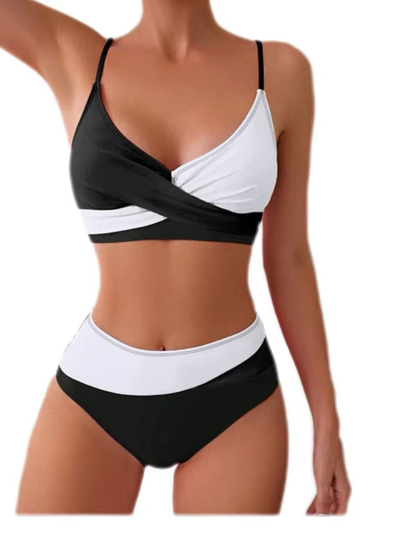 High Waist Bikini Cross Backless Swimsuit Patchwork Tight Beachwear Bikini Set