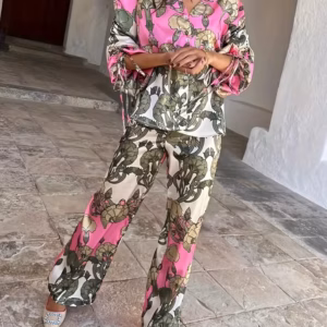 Indie Folk Single Breasted Shirt And Trousers Suit Plus Size Two Piece Suit