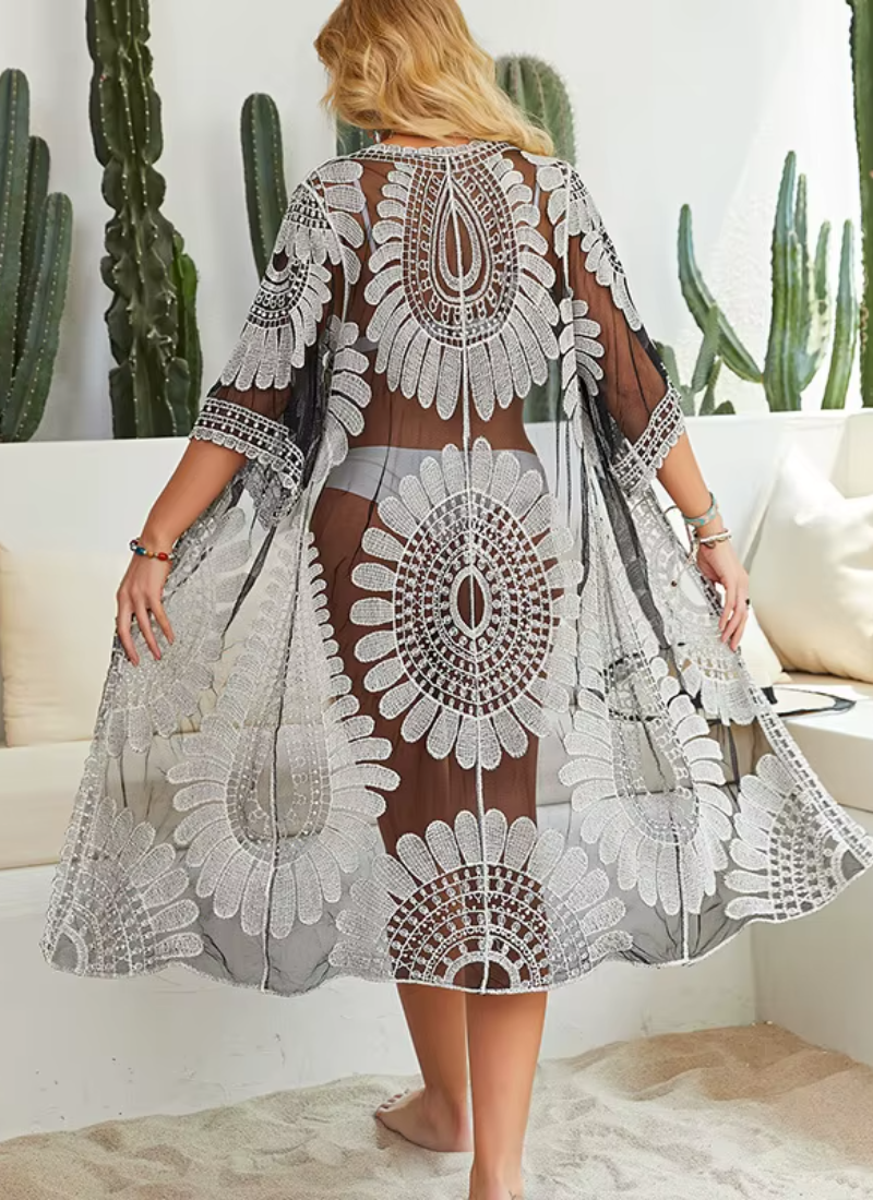 Lace Embroidery Kimono Bikini Loose Cardigan Swimsuit Cover Ups Maxi Long Dress - Image 4