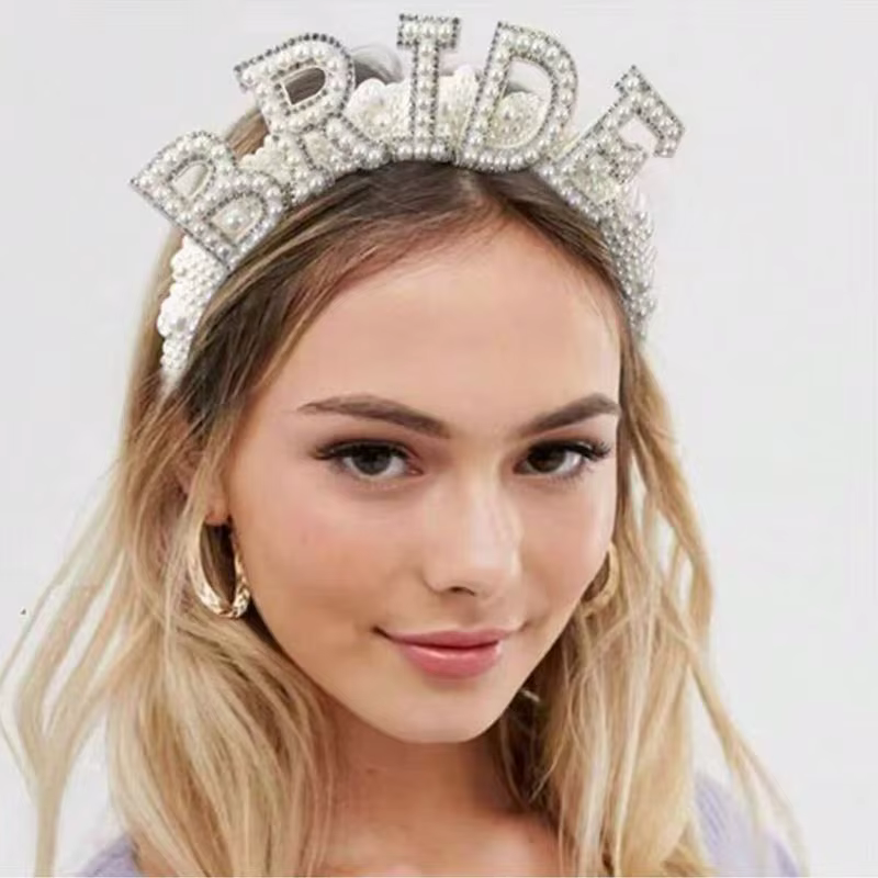 Letter Wide Edged Artificial White Pearl With Diamond Headband