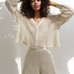 Casual Long Sleeve V-neck Top And Shorts Knitted Two-Piece Set