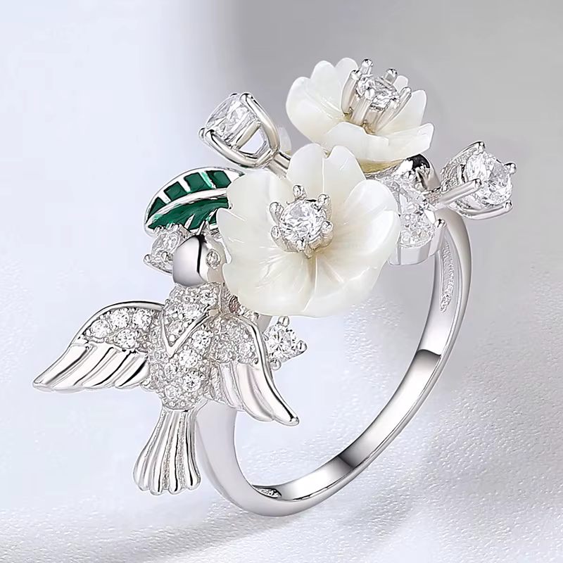 Luxury 925 Sterling Silver High Quality Zircon Natural Shell Flower Leaf Enamel Ring
