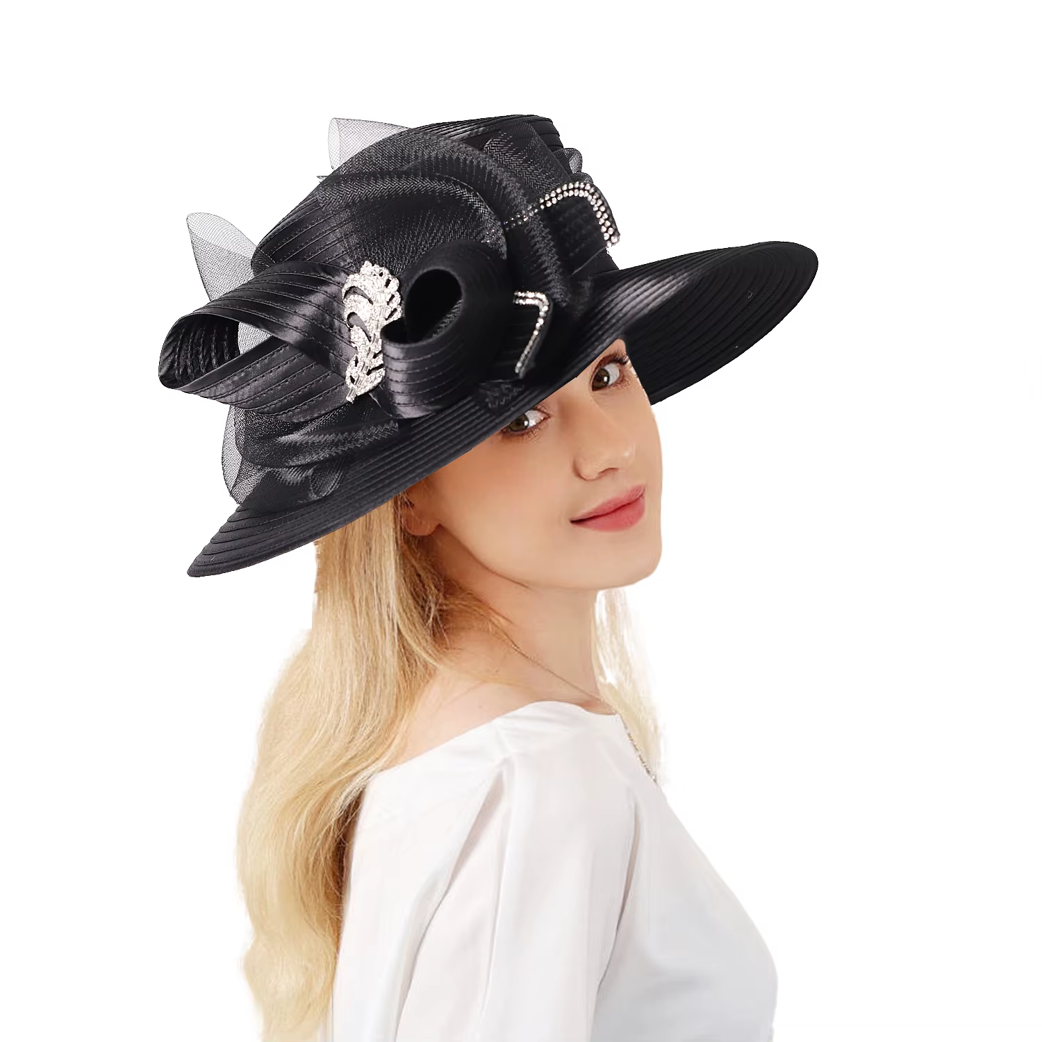 Luxury Bow Bowler Satin Cloth Wide Brim Flat Top Wedding Bridal Party Hats