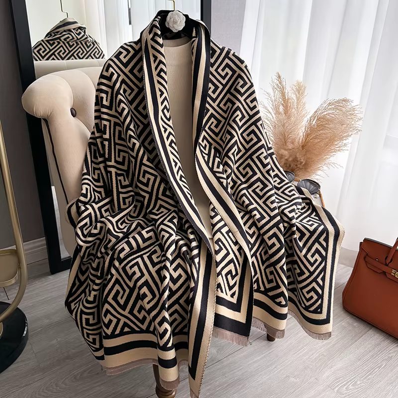 Luxury Cashmere Thick Warm Shawl Plaid Jacquard Shawl Scarf