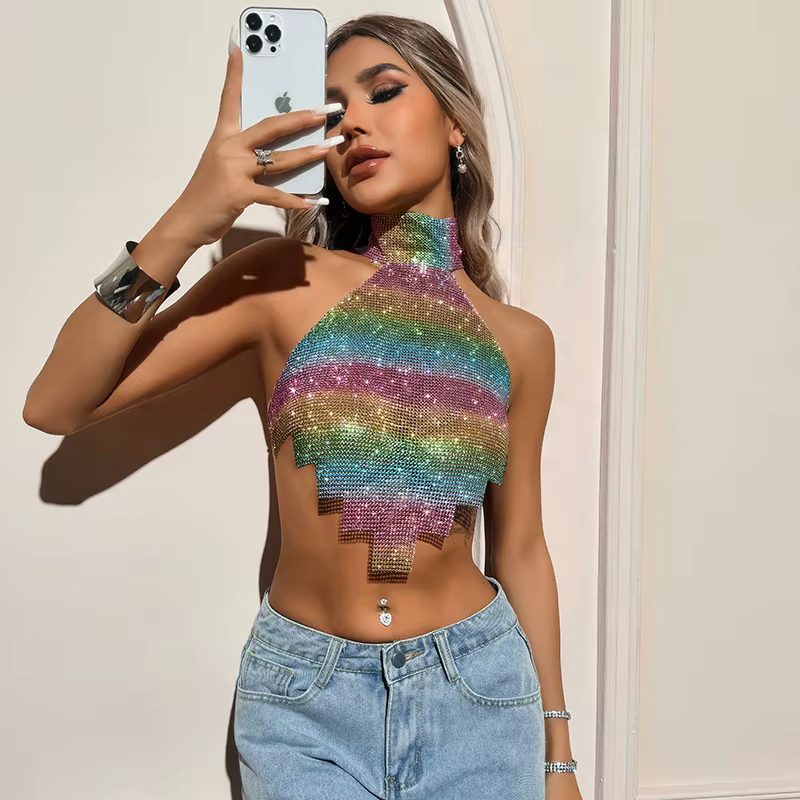 Luxury Colorful Metal Broadcloth Sequin Backless Tank Concert Top
