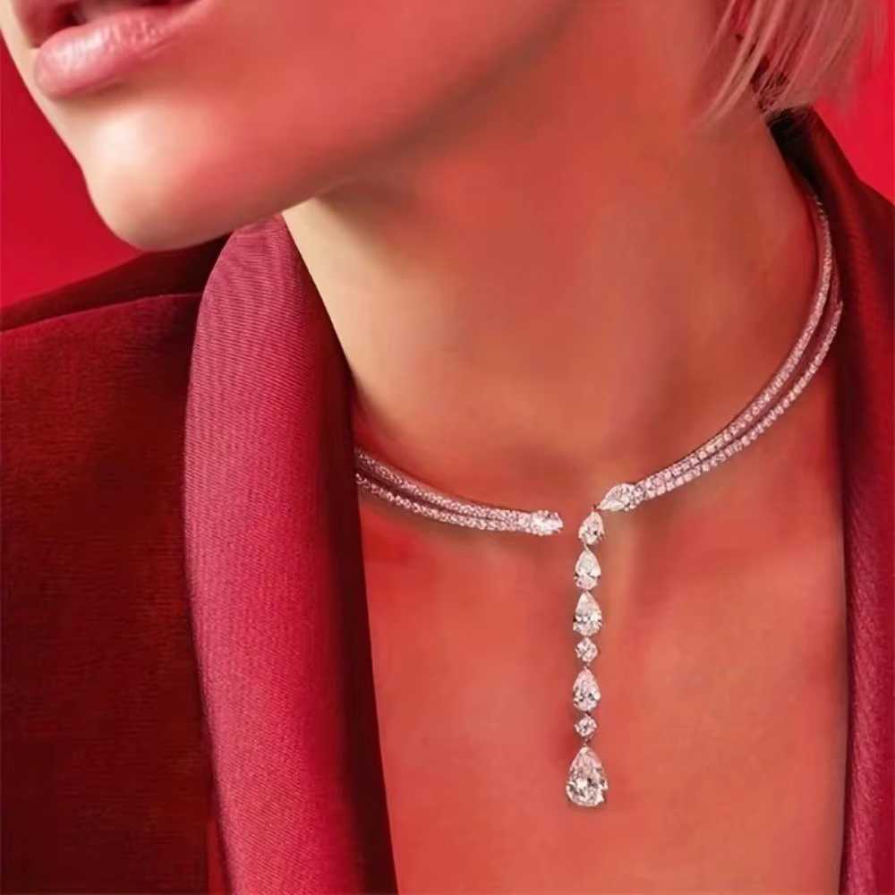 Luxury Double Circle Rhinestone Jewelry Shiny Droplet Pendant Crystal Necklace
