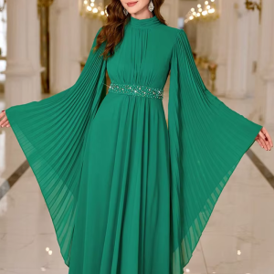 Luxury Elegant Formal Solid Pearl Embellished Batwing Sleeve Pleated Long Dresses
