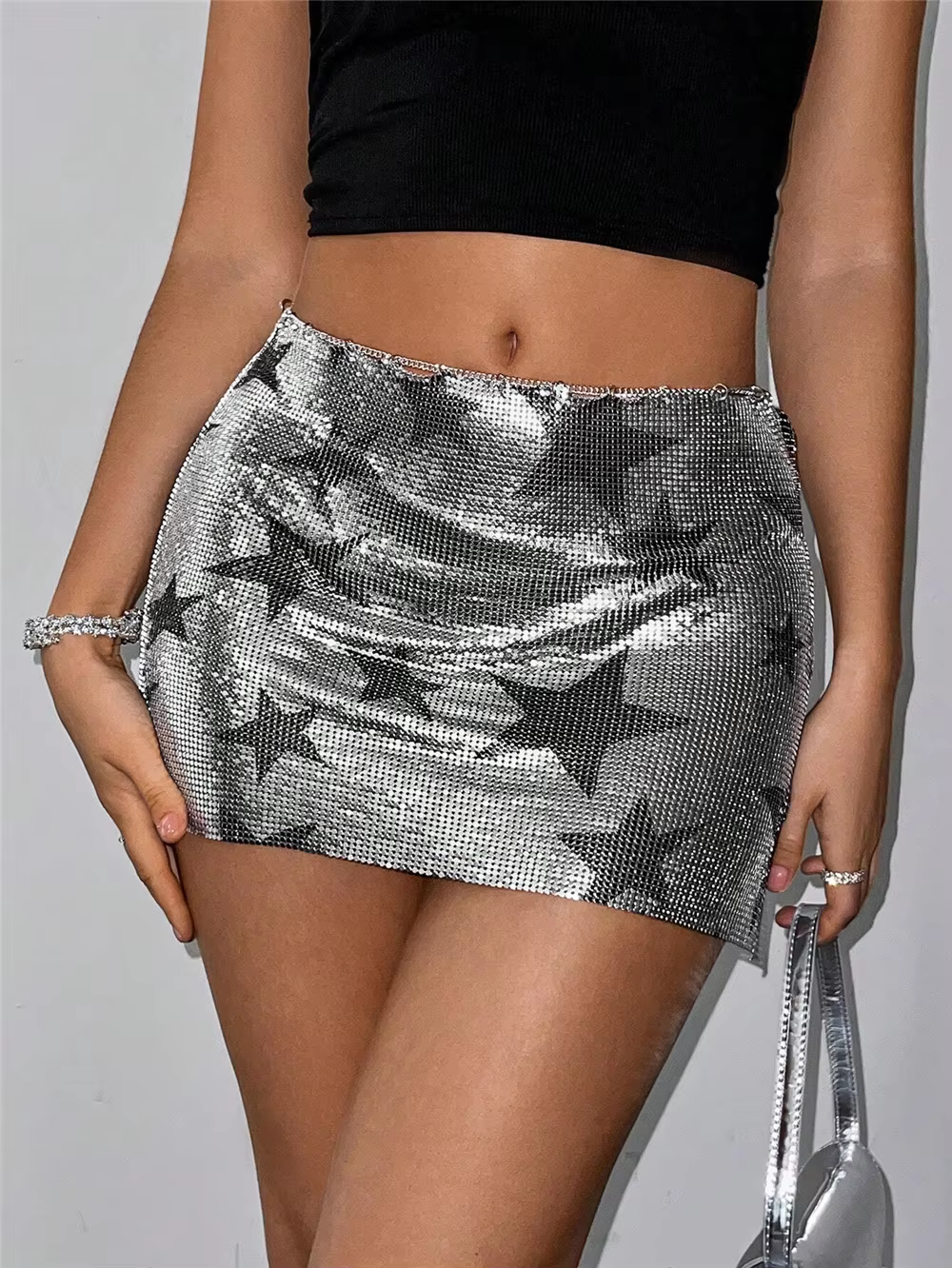 Luxury Metal Sequins Stars Metallic Chain Design Rave Vocal Mini Skirt - Image 3