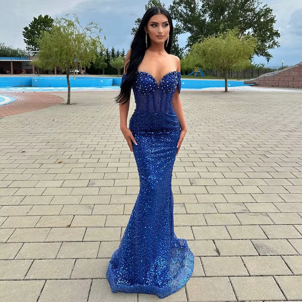 Luxury Off the Shoulder Beads Sequin Long Formal Prom Pearls Dress