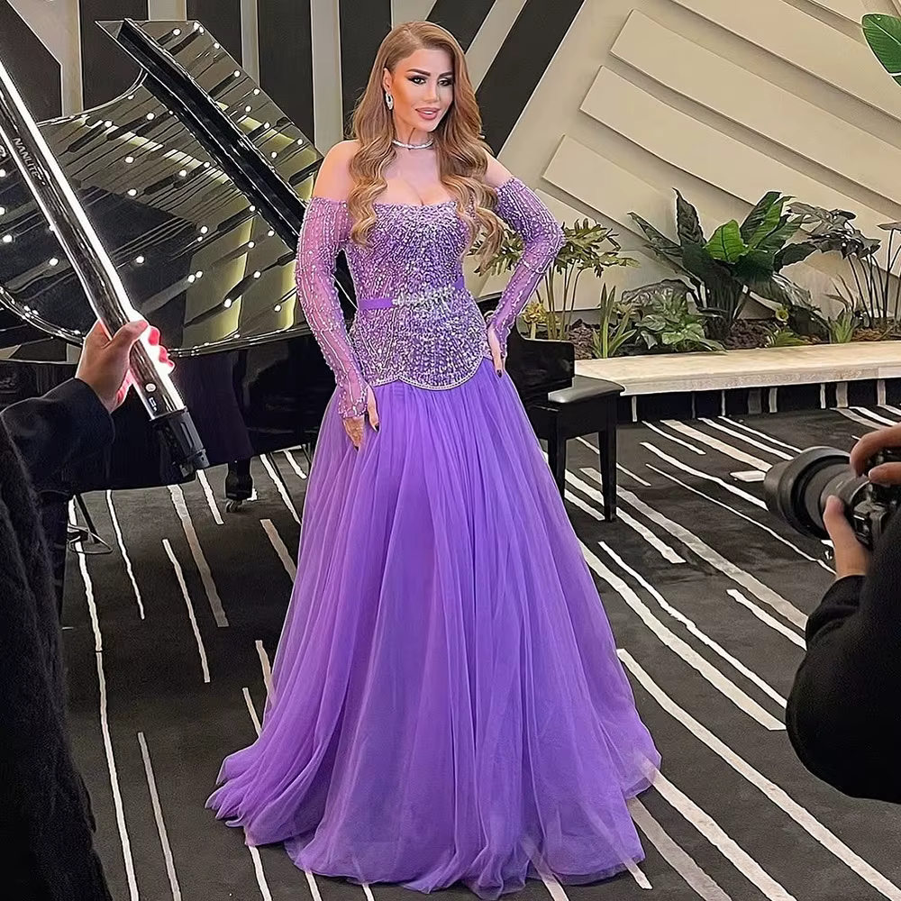 Luxury Pearls High Neck Aline Long Sleeves Formal Prom Dress