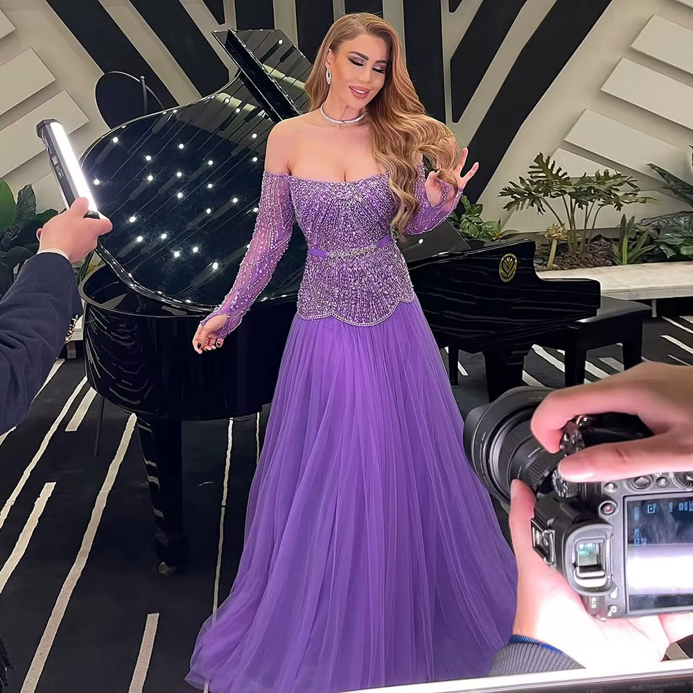 Luxury Pearls High Neck Aline Long Sleeves Formal Prom Dress - Image 2