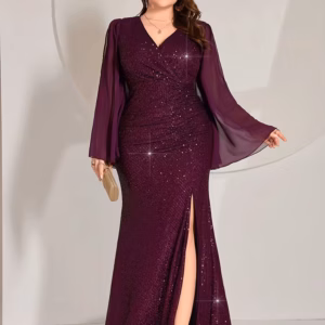 Luxury Plus Size Sequin Patchwork Trumpet Sleeve Slit Mermaid Dress