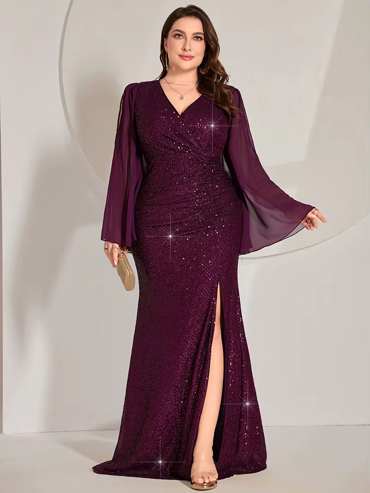 Luxury Plus Size Sequin Patchwork Trumpet Sleeve Slit Mermaid Dress