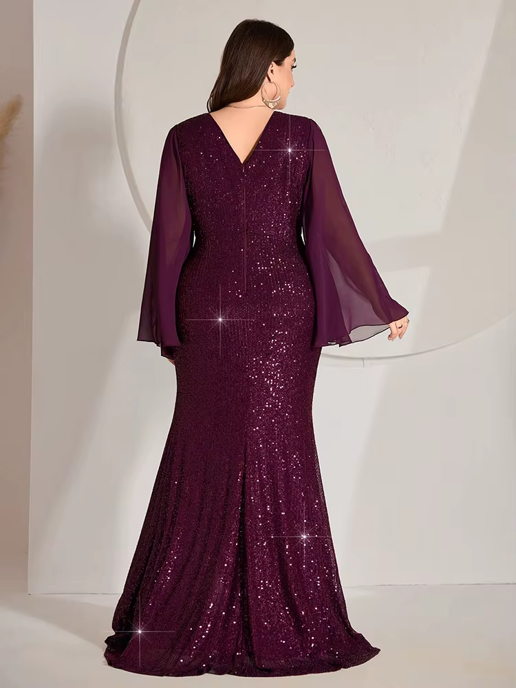 Luxury Plus Size Sequin Patchwork Trumpet Sleeve Slit Mermaid Dress - Image 3