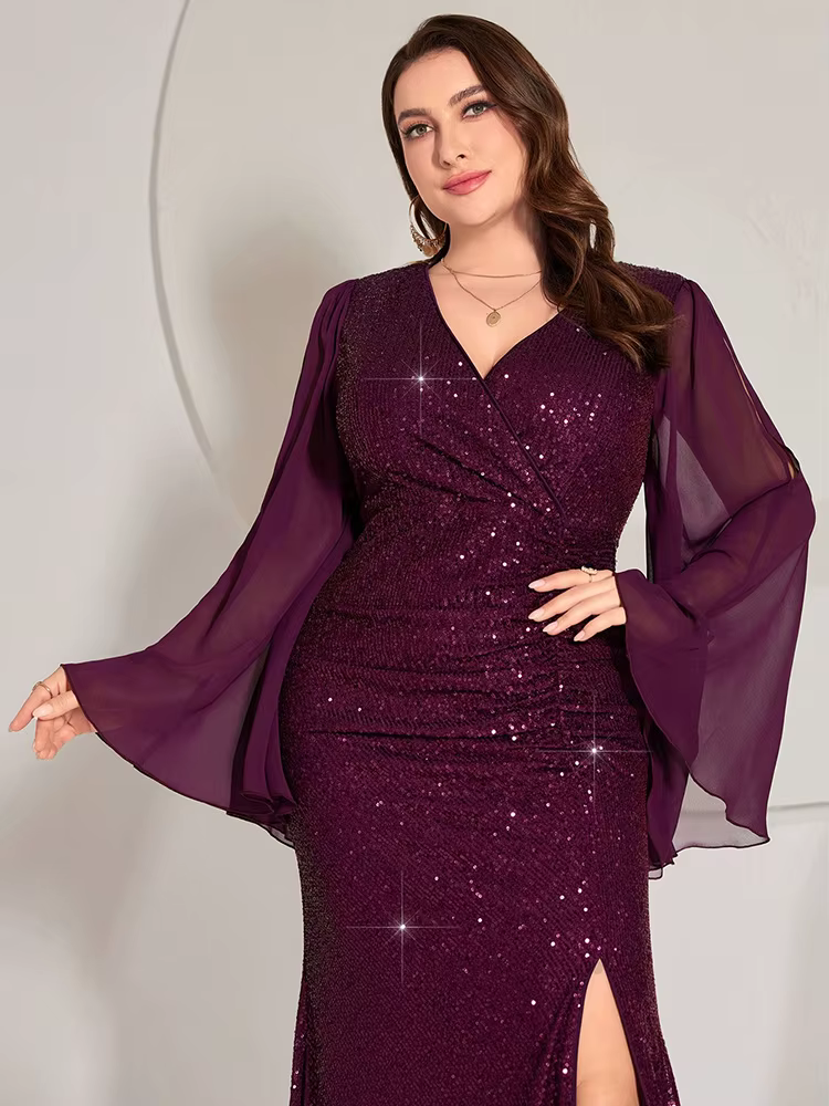 Luxury Plus Size Sequin Patchwork Trumpet Sleeve Slit Mermaid Dress - Image 2
