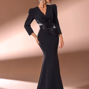 Luxury Rhinestone Decorated Simple Daily V-Neck Long Sleeve Dress
