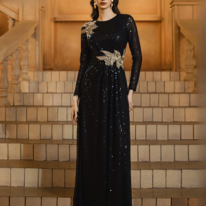 Luxury Round Neck Long Floor-Length Sleeved Sequin Formal Dress
