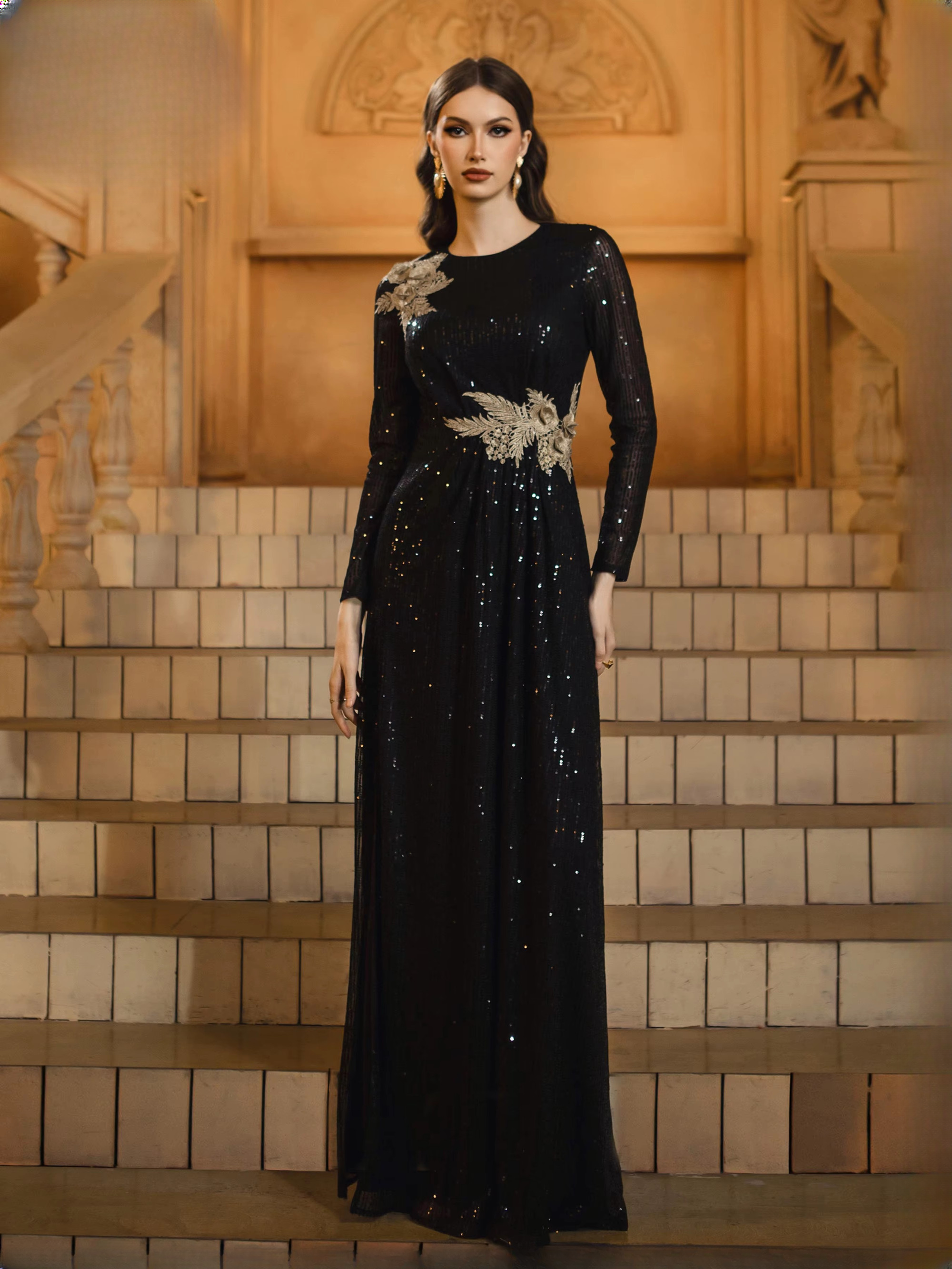 Luxury Round Neck Long Floor-Length Sleeved Sequin Formal Dress