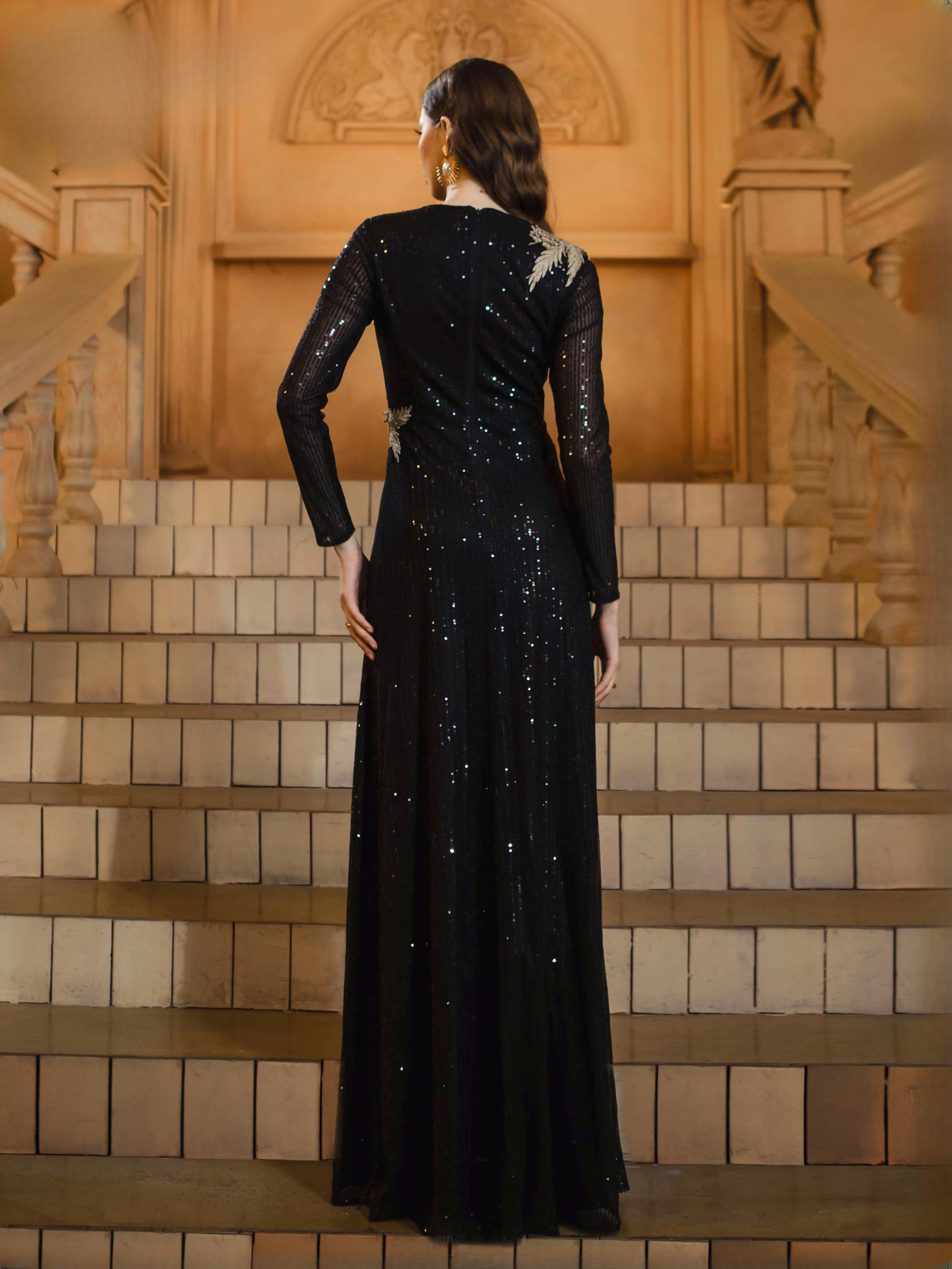 Luxury Round Neck Long Floor-Length Sleeved Sequin Formal Dress - Image 6