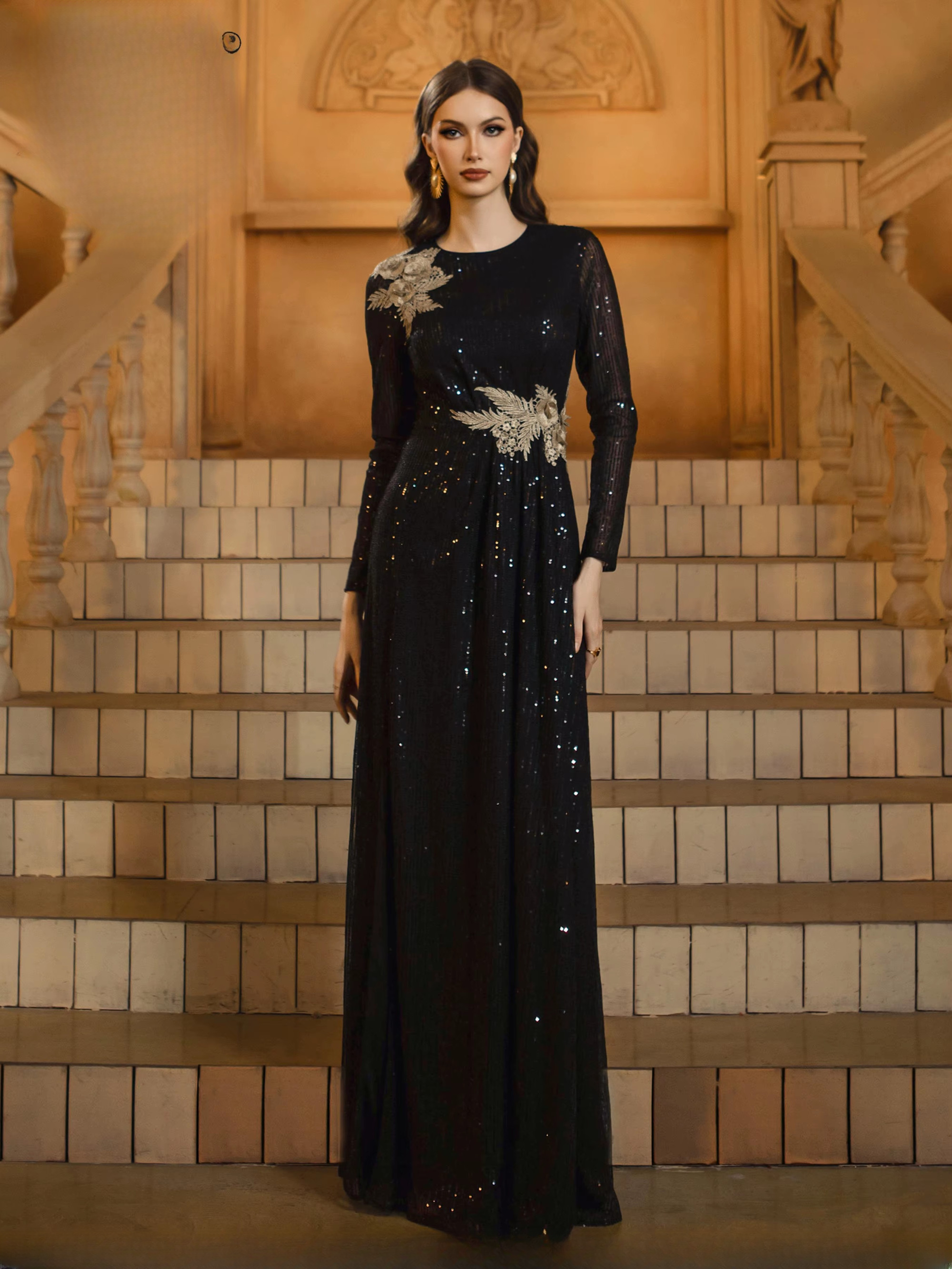 Luxury Round Neck Long Floor-Length Sleeved Sequin Formal Dress - Image 2