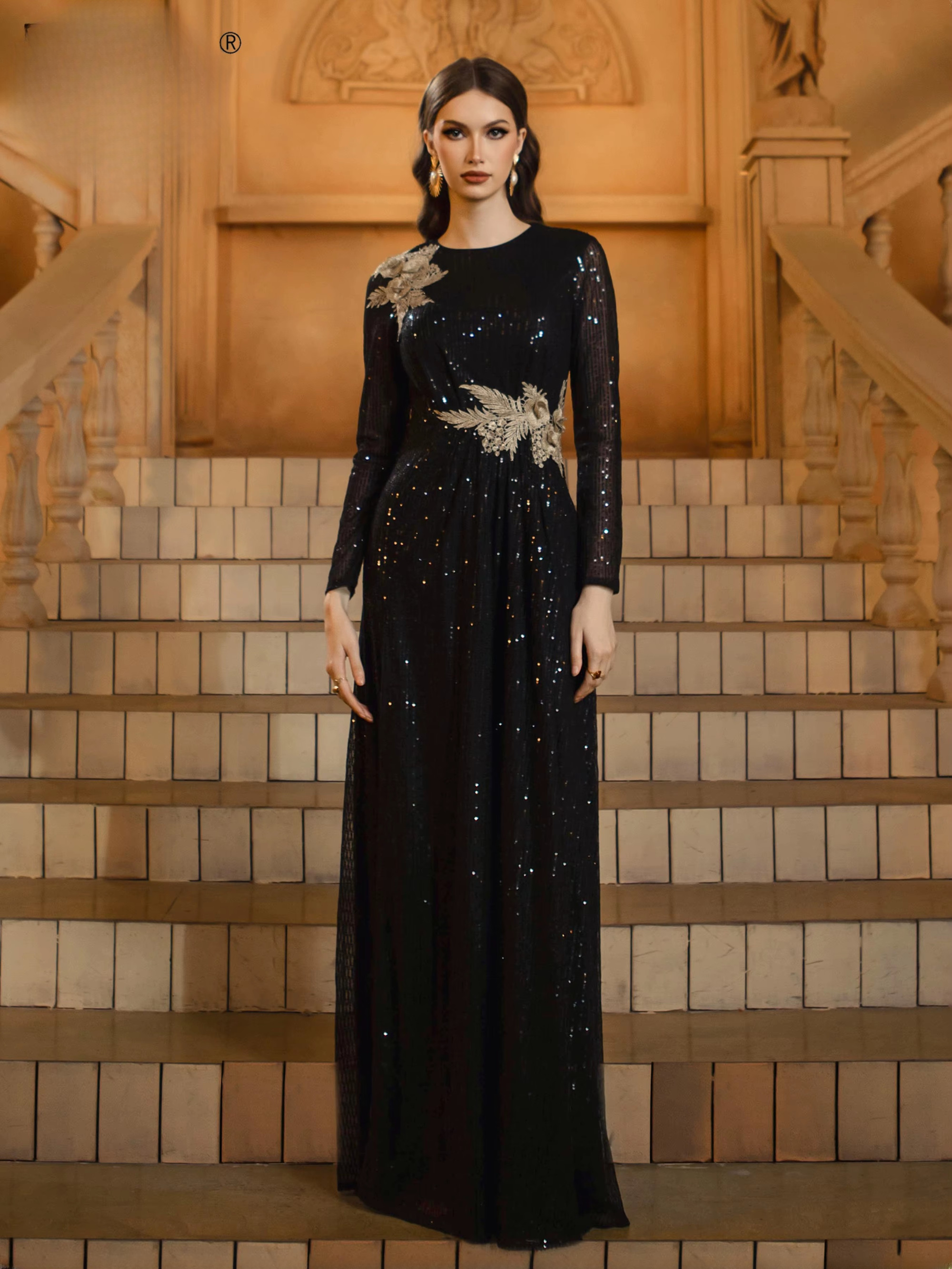 Luxury Round Neck Long Floor-Length Sleeved Sequin Formal Dress - Image 3