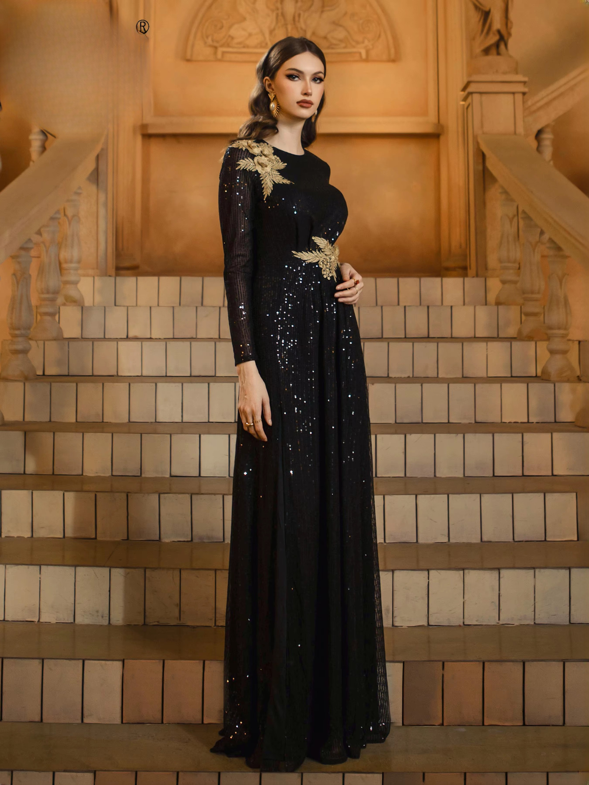 Luxury Round Neck Long Floor-Length Sleeved Sequin Formal Dress - Image 4