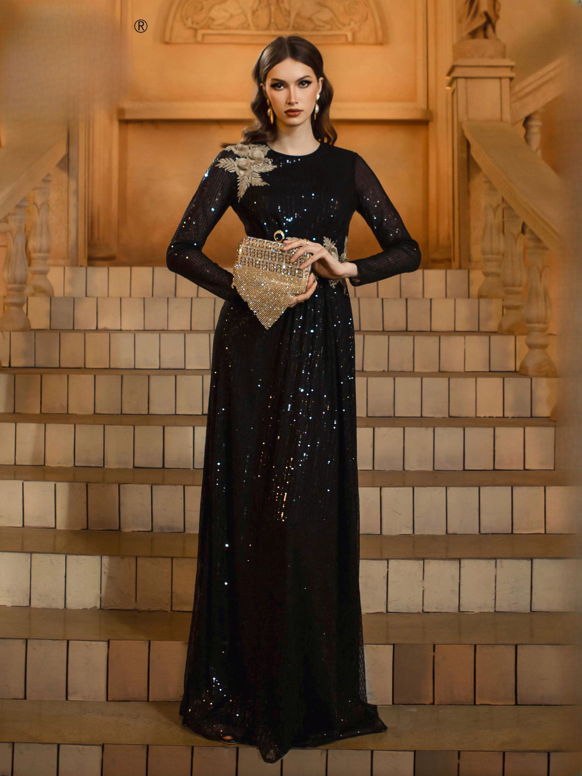 Luxury Round Neck Long Floor-Length Sleeved Sequin Formal Dress - Image 5