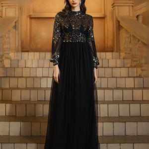 Luxury Round Neck Long Sleeved Sequin A Line Mesh Maxi Dresses