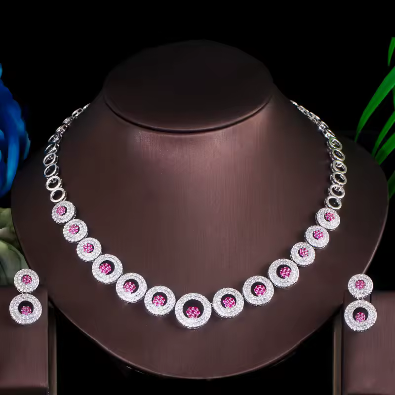 Luxury Shiny Zirconia Round Shape Necklace Earrings Wedding Bridal Party Jewelry Set