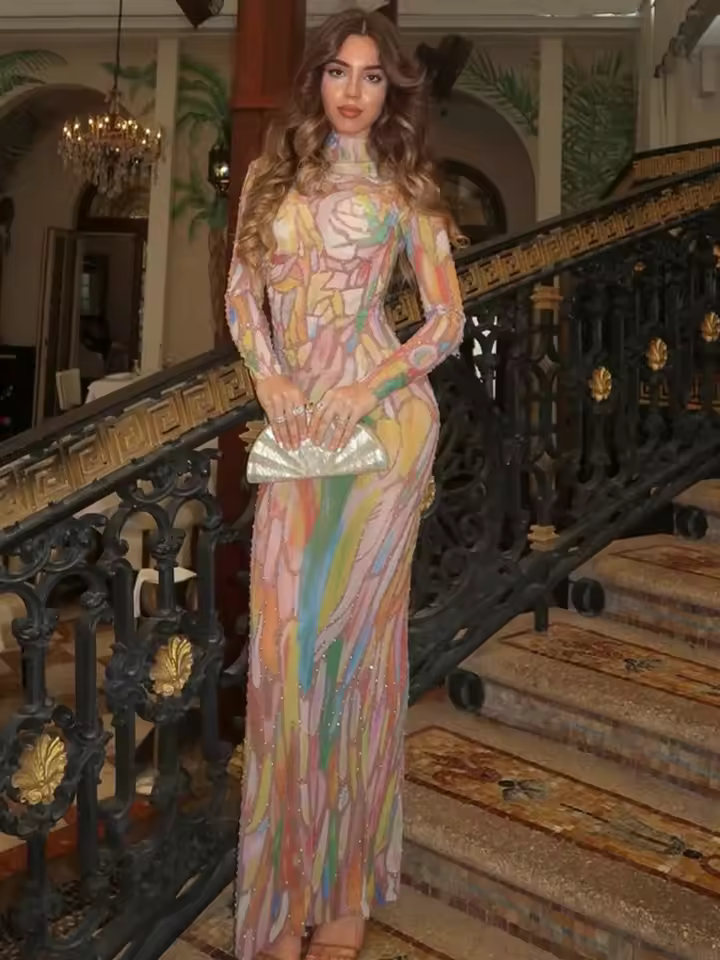 Luxury Stage Performance Painting Crystal Diamonds Maxi Long Dress