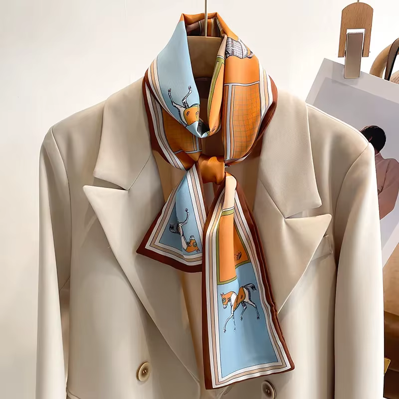 Luxury Tie Bag Headband Horse Printing Hairband Style Neckerchief Ribbon Small Silk Scarf