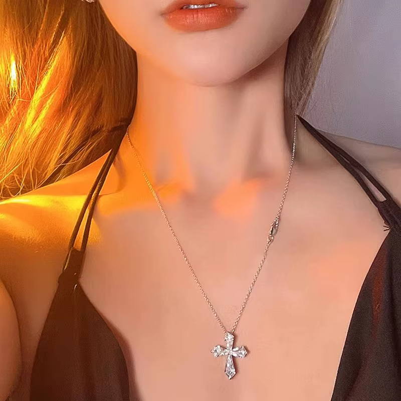 Luxury Trendy Crystal Wedding Party Neck Accessories Statement Cross Necklace