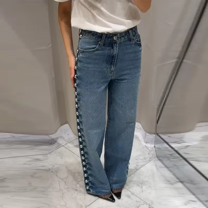 Pearl Low Waist Wide Leg Pocket Solid High Street Washed Denim Jean