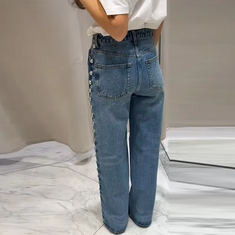 Pearl Low Waist Wide Leg Pocket Solid High Street Washed Denim Jean - Image 2