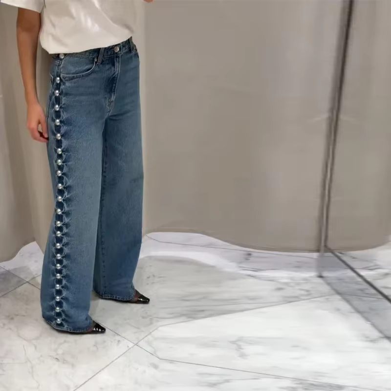 Pearl Low Waist Wide Leg Pocket Solid High Street Washed Denim Jean - Image 3