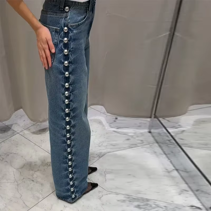 Pearl Low Waist Wide Leg Pocket Solid High Street Washed Denim Jean - Image 4