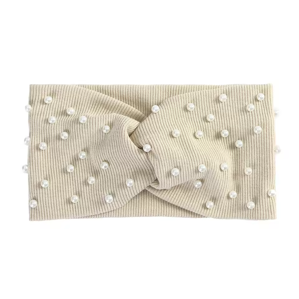 Pearls Knitted Turban Bandana Elastic Hairband Warm Hair Accessories