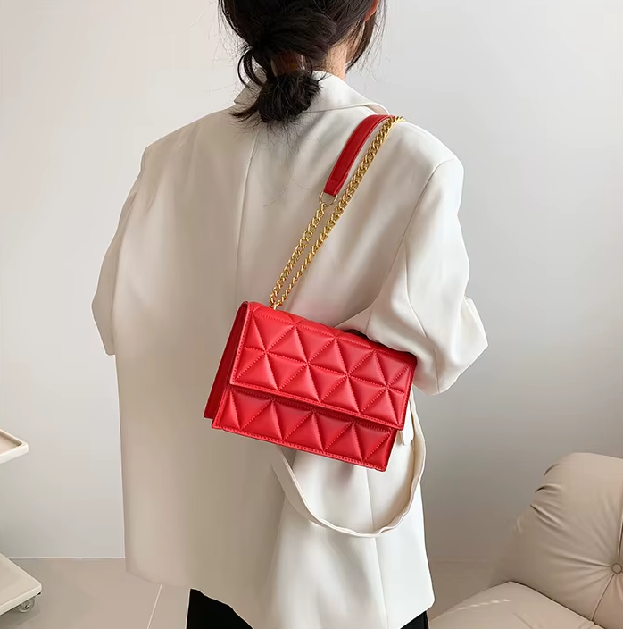 Plaid Designer Pu Leather Shoulder Chain Square Handbags - Image 3