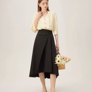 Pleated Natural Waistline Irregular A-line Medium Stretch Midi Length Skirt
