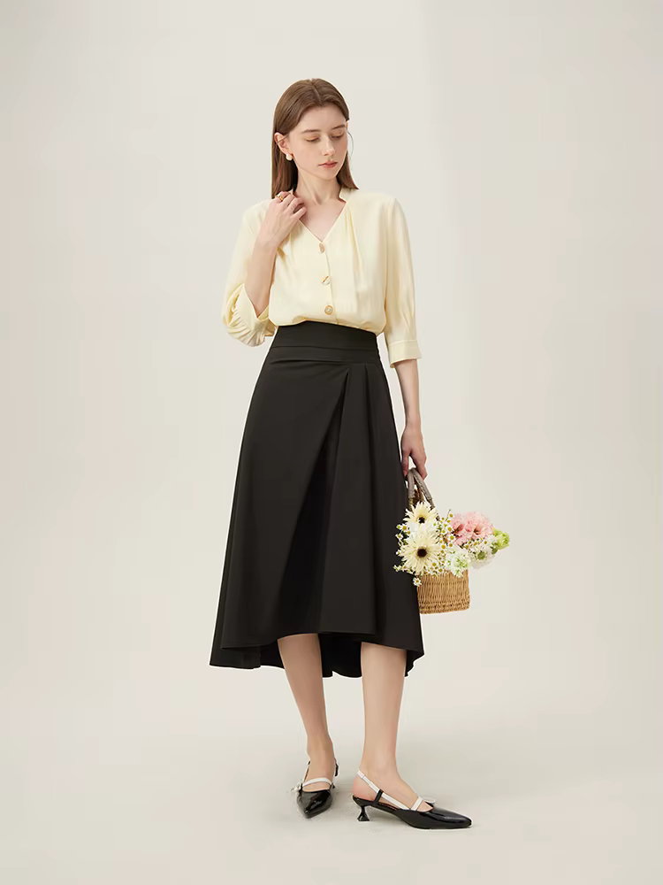 Pleated Natural Waistline Irregular A-line Medium Stretch Midi Length Skirt