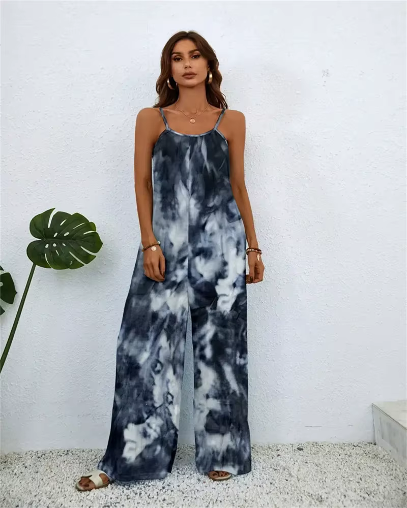 Printing Color Gradient Sleeveless Beach Style Pockets Jumpsuit