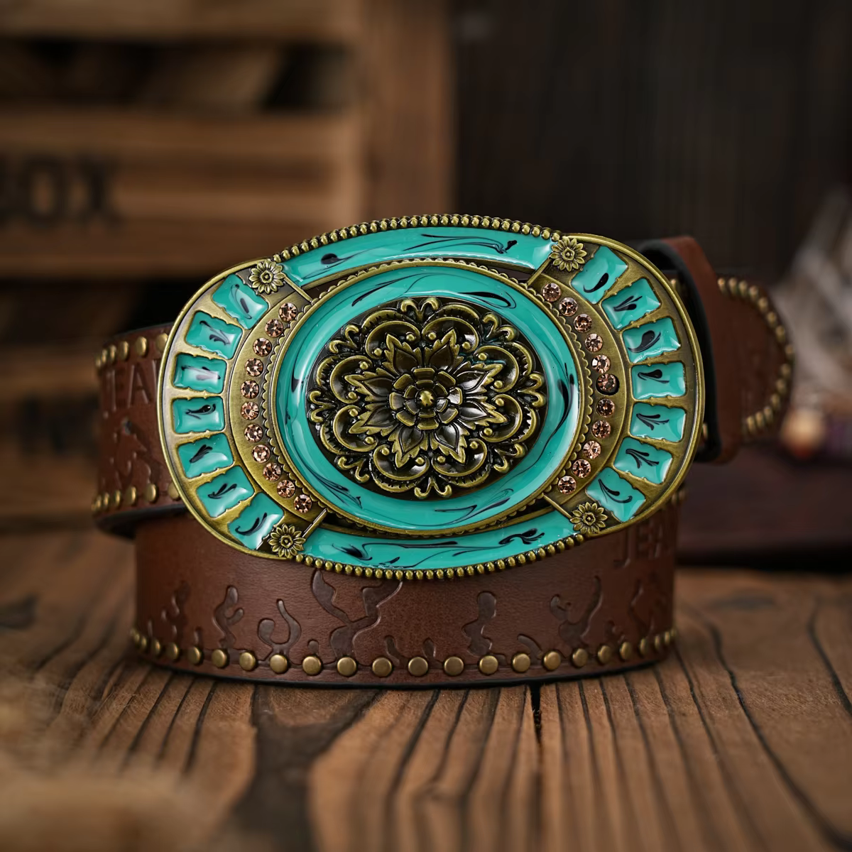 Pu Leather Jeans With Floral Carved Buckle Belt